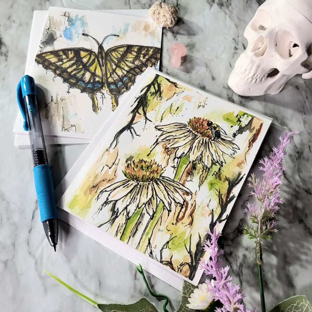 Flower and Butterfly Blank Greeting Card 2 Pack