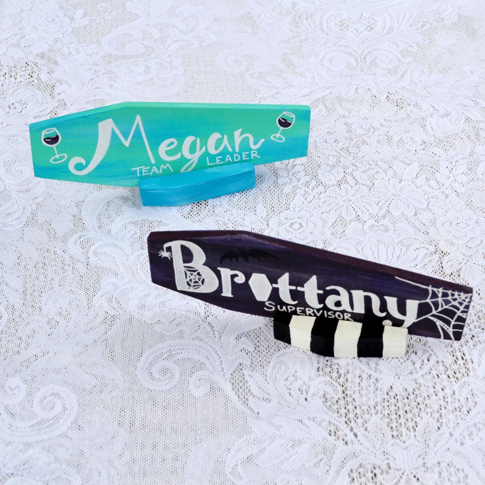 Personalized Coffin Shaped Wooden Desk Name Plate